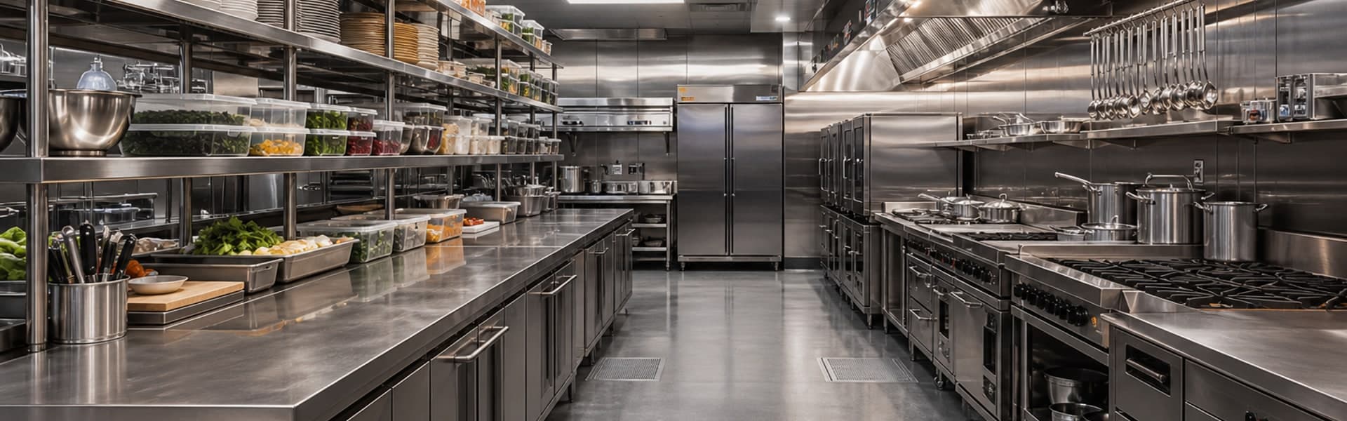 Bright stainless steel commercial kitchen line