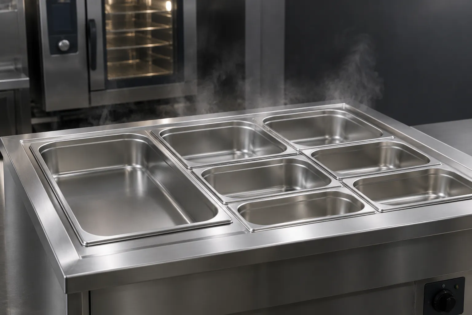 A stainless steel bain marie counter fitted with a tight grid of gastronorm pans in mixed sizes, with a combi oven behind it