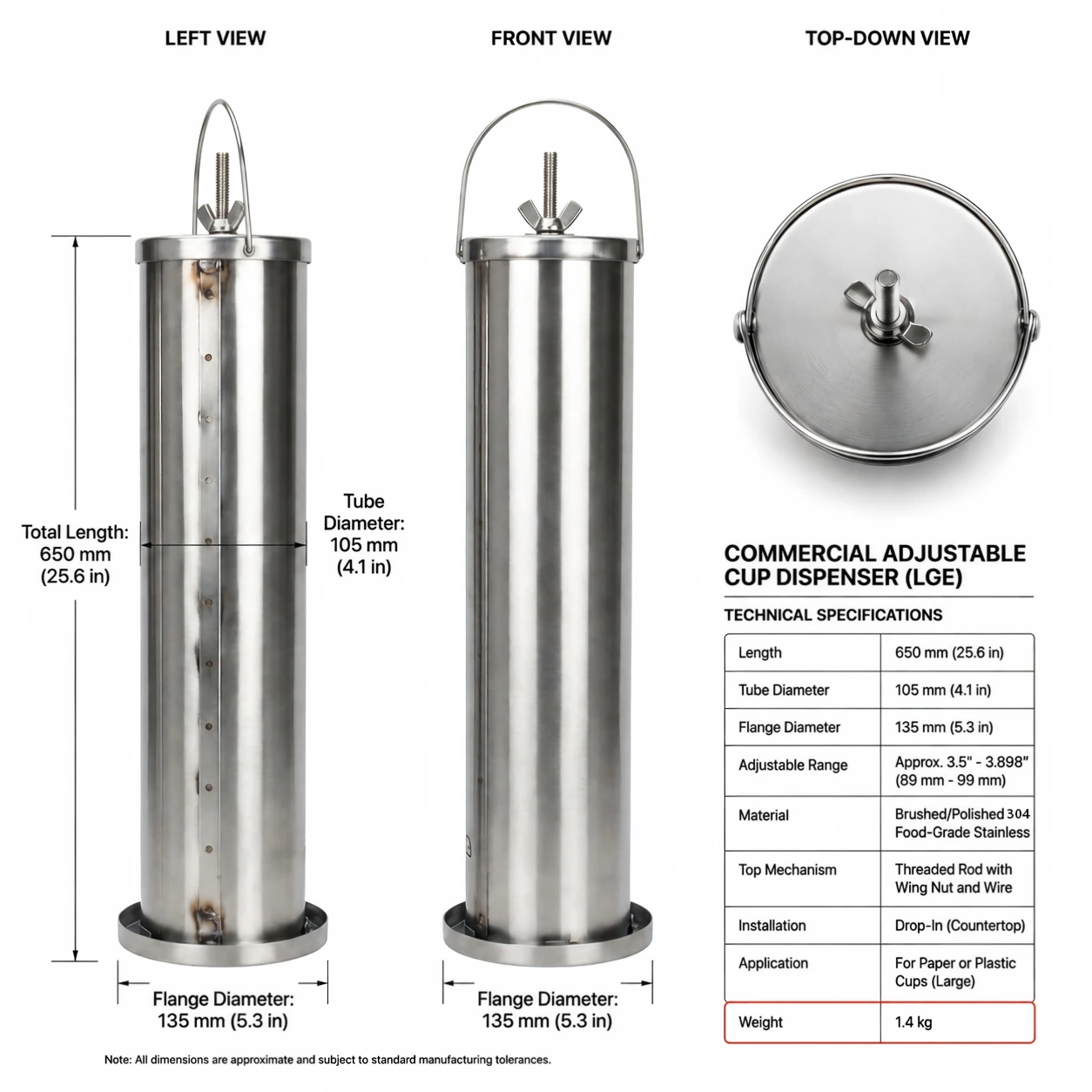 Adjustable 304 Stainless Steel Cup Dispenser (Large) — Model 92003 detail 2